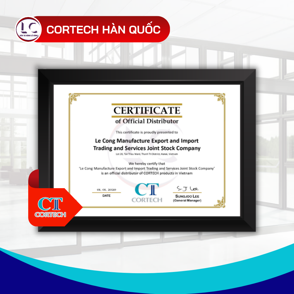 chứng nhận phân phối cửa tự động Cortech